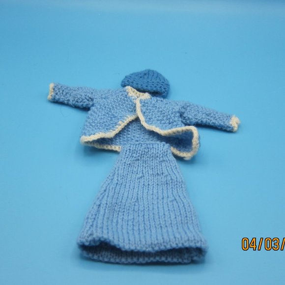 Handmade Blue knit Barbie sized fashion dolls skirt matching jacket hat Pre-owne - Picture 1 of 8